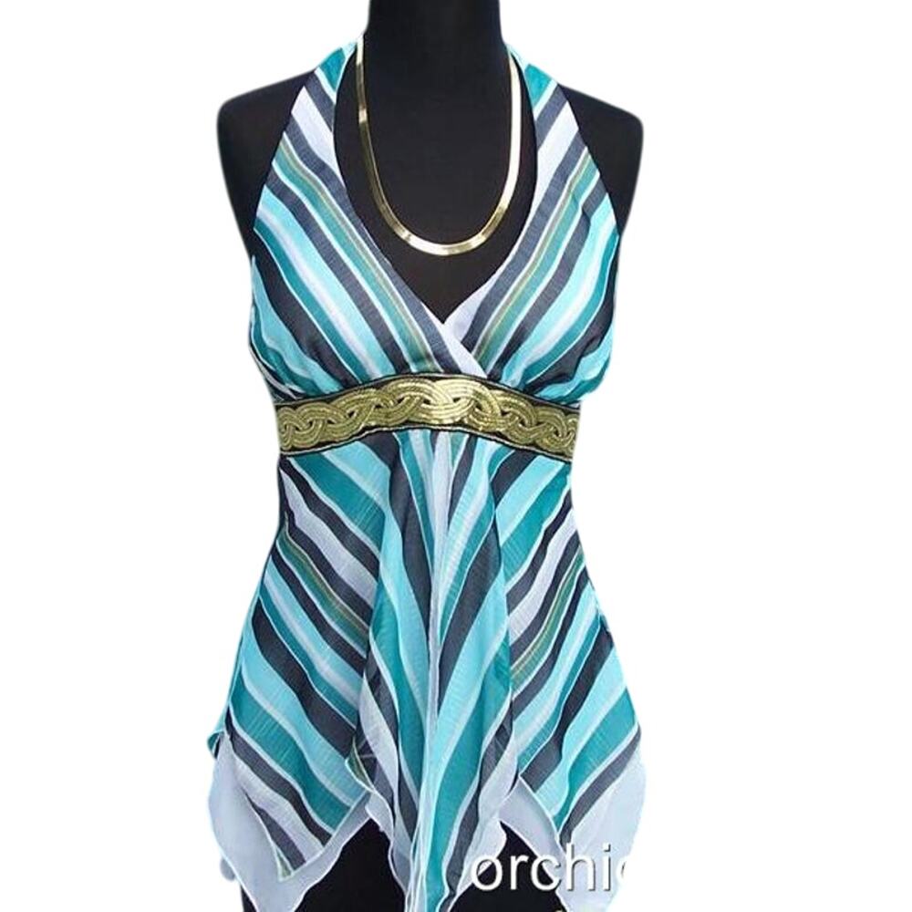 Cache Hankey Hem Gold Braid Metallic Lined Halter Top Multi Color New NWT $128